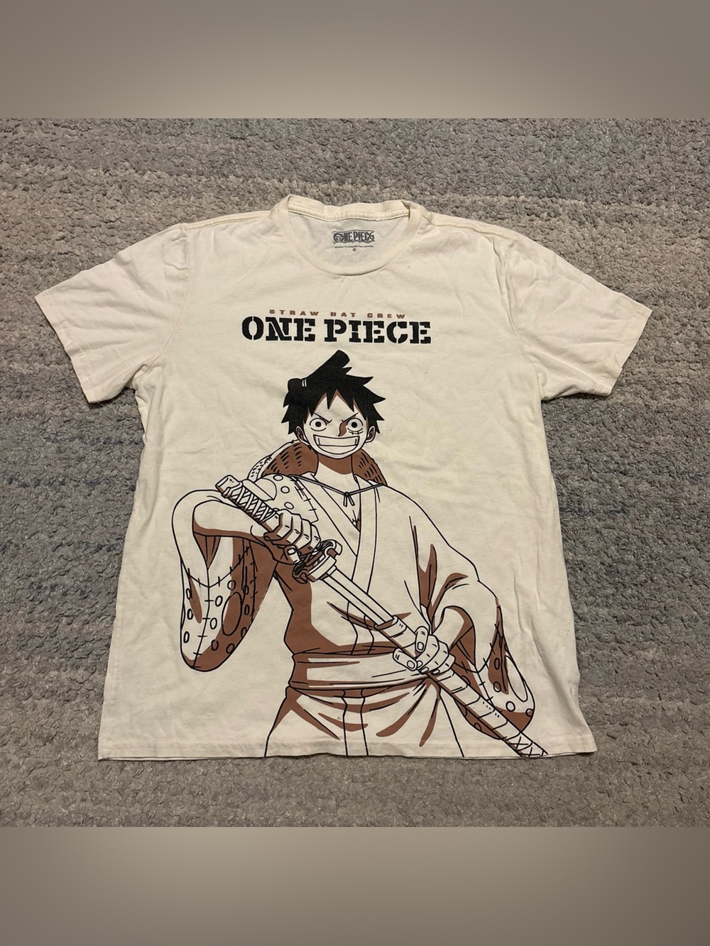 One Piece Luffy Wano Katana Graphic T-Shirt Cream Men Size Large Anime